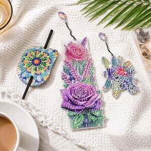 Sold @ Craft Fair.  Set #4 Floral Beaded Hair Clip, Fridge Magnet & Bookmark